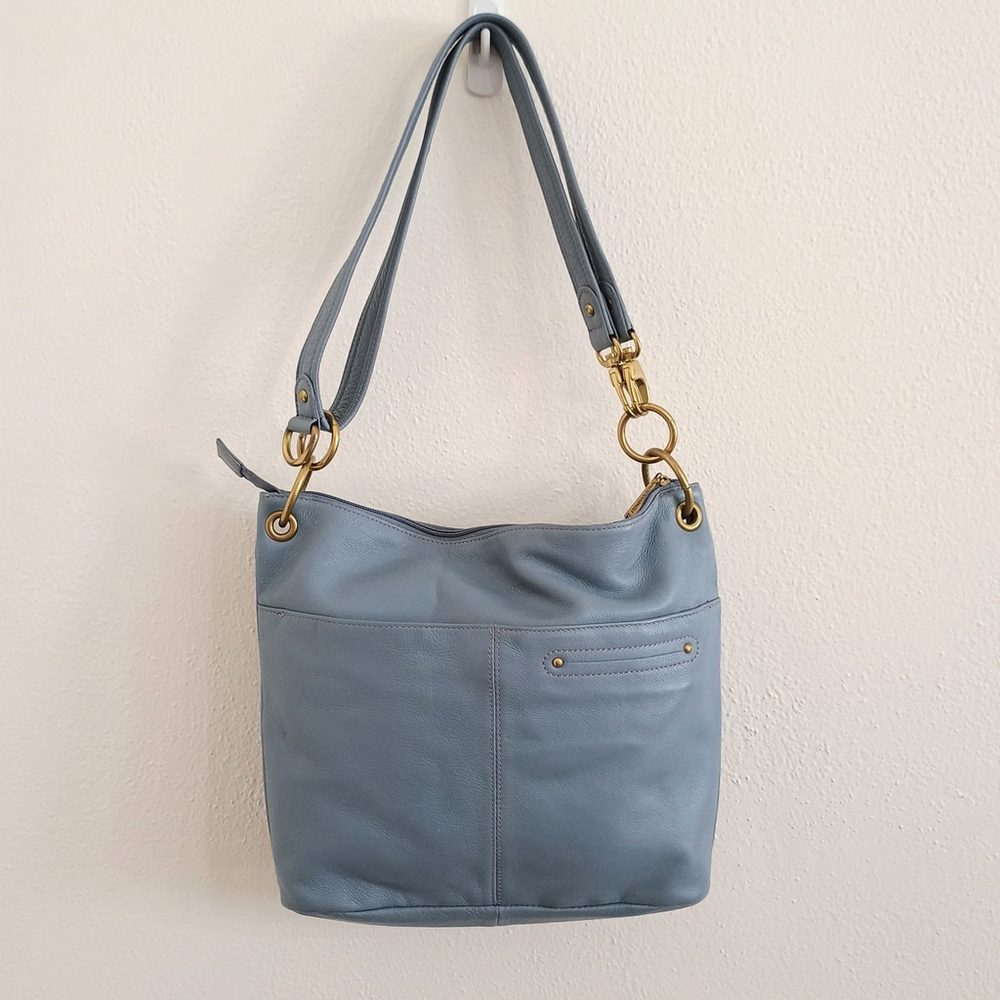 Stone Mountain Light Blue Pebble Leather Convertible Crossbody Shoulder Bag - Picture 3 of 16